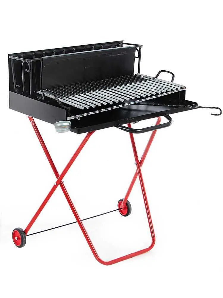 Barbecue portable à bois et charbon 214 Medium pliable avec grille inox récupérateur de jus, surface de cuisson 2176 cm², pieds pliables et roues de transport. Fabrication artisanale italienne.