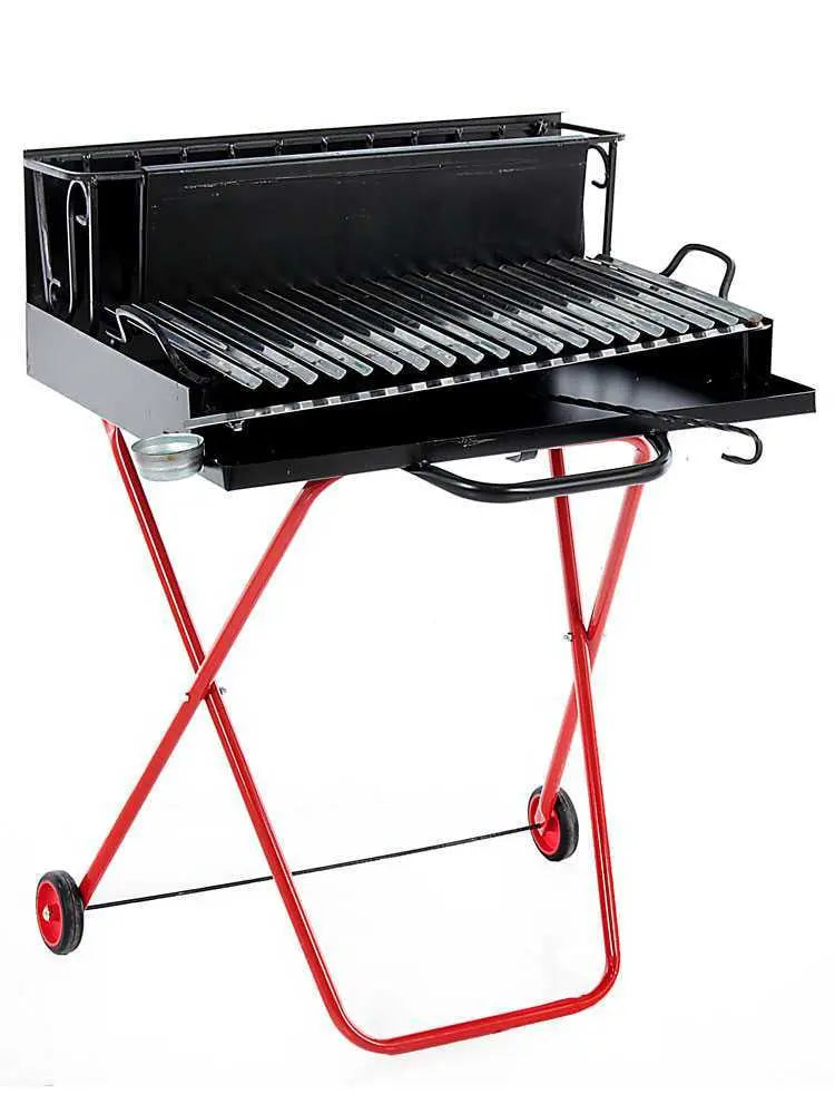 Barbecue portable à bois et charbon 214 Medium pliable avec grille inox récupérateur de jus, surface de cuisson 2176 cm², pieds pliables et roues de transport. Fabrication artisanale italienne.