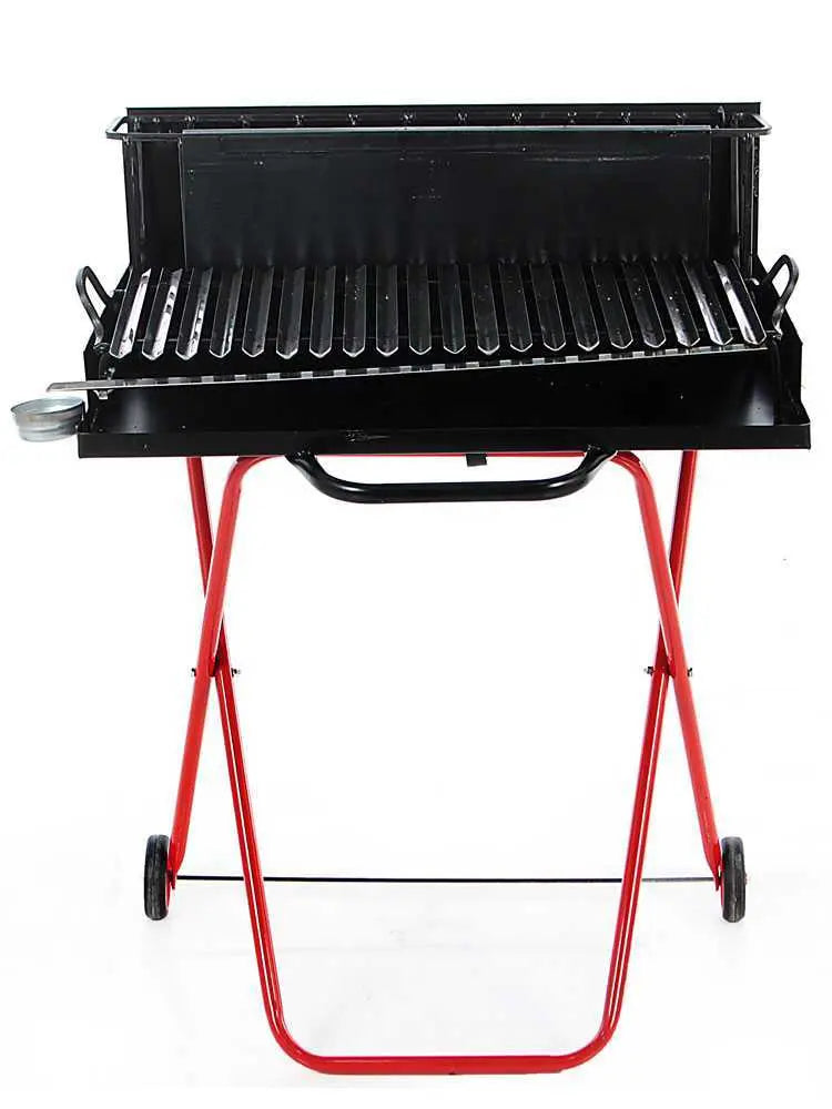 Barbecue portable à bois et charbon 214 Medium pliable avec grille inox récupérateur de jus, surface de cuisson 2176 cm², pieds pliables et roues de transport. Fabrication artisanale italienne.