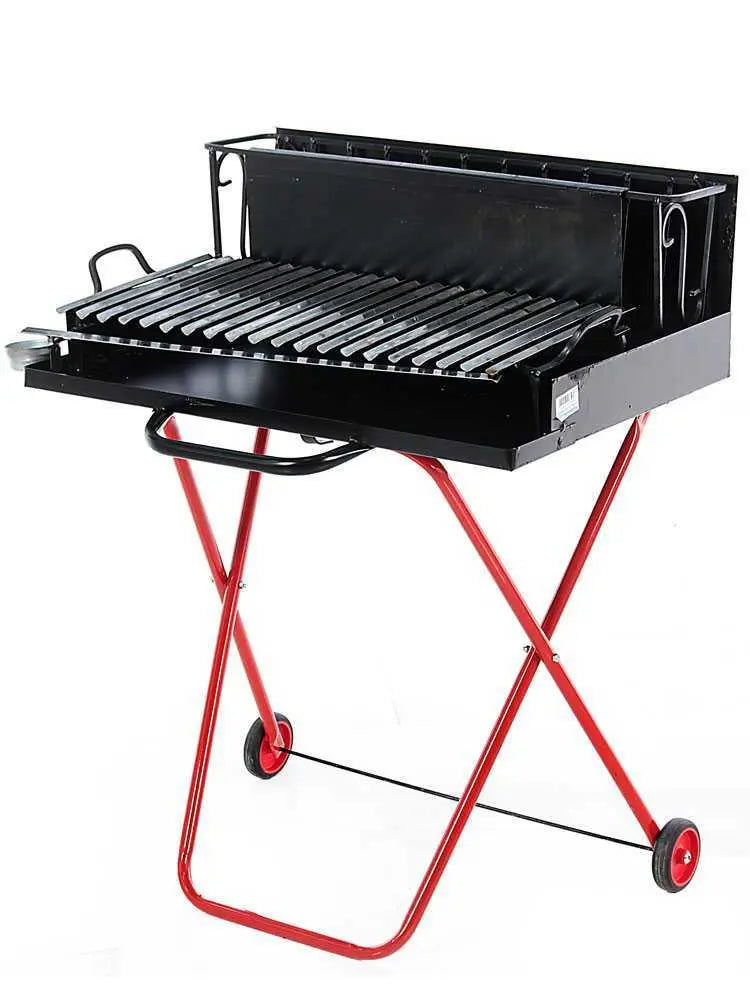 Barbecue portable à bois et charbon 214 Medium pliable avec grille inox récupérateur de jus, surface de cuisson 2176 cm², pieds pliables et roues de transport. Fabrication artisanale italienne.