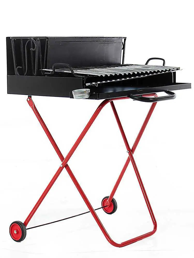 Barbecue portable à bois et charbon 214 Medium pliable avec grille inox récupérateur de jus, surface de cuisson 2176 cm², pieds pliables et roues de transport. Fabrication artisanale italienne.