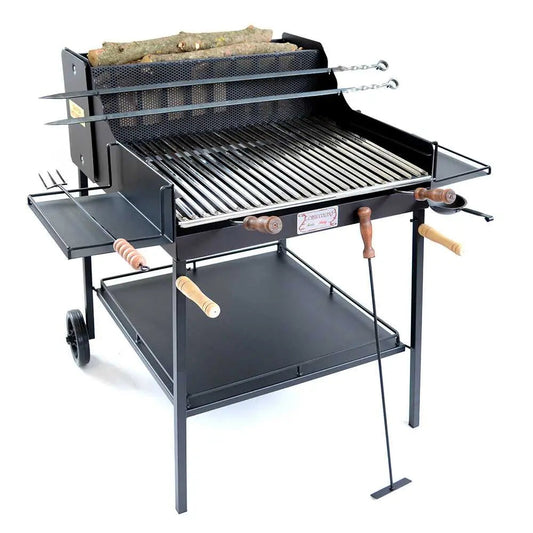 Barbecue bois et charbon Fuocone Umbria à structure lourde en acier, surface de cuisson 70 x 58 cm, grille inox avec récupération des graisses, grande capacité 16 à 20 personnes, fabrication Italie.