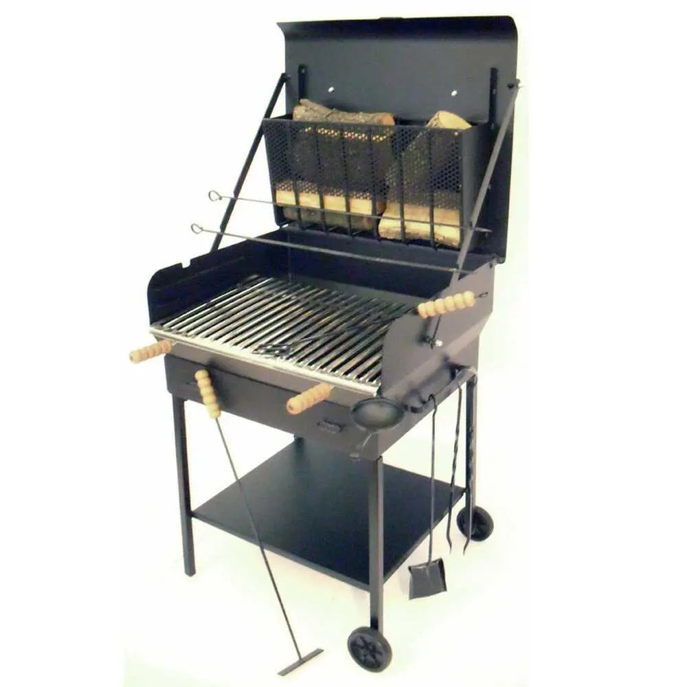Barbecue à charbon et bois Gran Ristoro à structure lourde avec grille inox réglable, récupération des graisses, cuisson bois/charbon simultanée et surface de cuisson 69 x 45 cm. Fabrication Italie.
