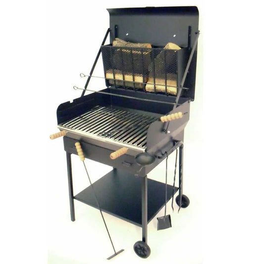 Barbecue à charbon et bois Gran Ristoro à structure lourde avec grille inox réglable, récupération des graisses, cuisson bois/charbon simultanée et surface de cuisson 69 x 45 cm. Fabrication Italie.