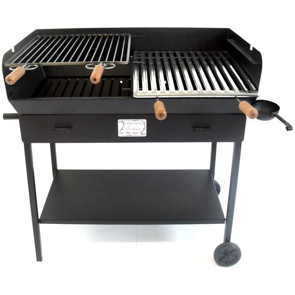 Barbecue à charbon artisanal Party avec structure lourde en acier, grande grille 90x45 cm, compatible bois et charbon, cuisson professionnelle pour 16 à 20 personnes. Fabrication italienne robuste et durable.