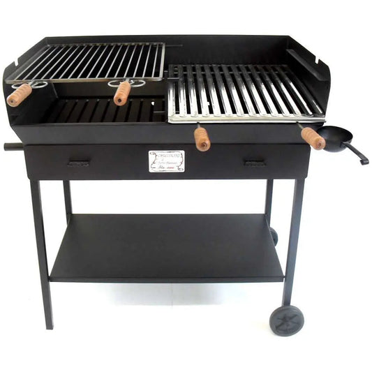Barbecue à charbon artisanal Party avec structure lourde en acier, grande grille 90x45 cm, compatible bois et charbon, cuisson professionnelle pour 16 à 20 personnes. Fabrication italienne robuste et durable.