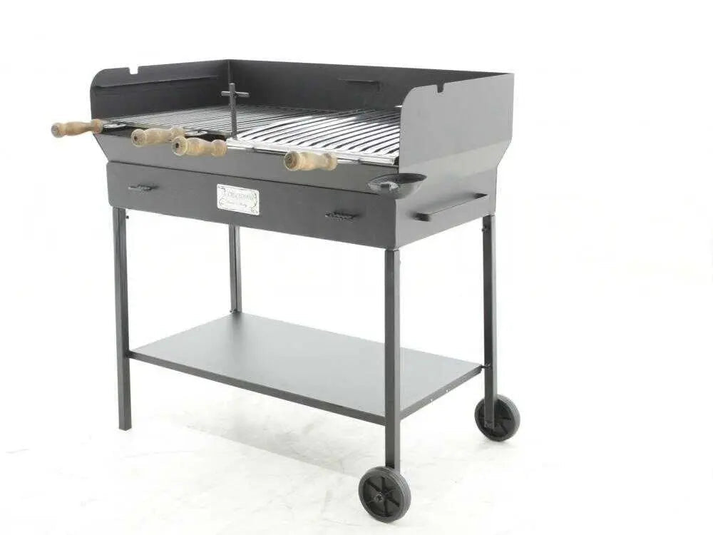 Barbecue à charbon artisanal Party avec structure lourde en acier, grande grille 90x45 cm, compatible bois et charbon, cuisson professionnelle pour 16 à 20 personnes. Fabrication italienne robuste et durable.