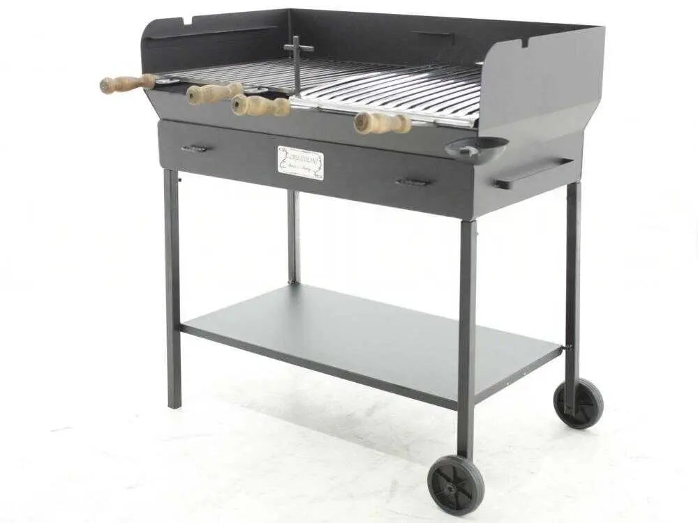 Barbecue à charbon artisanal Party avec structure lourde en acier, grande grille 90x45 cm, compatible bois et charbon, cuisson professionnelle pour 16 à 20 personnes. Fabrication italienne robuste et durable.