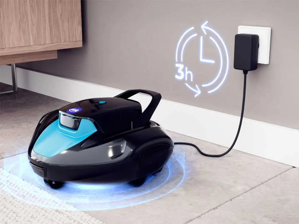 Robot de piscine à batterie GRE Moovo 90 sans fil avec autonomie 90 minutes, aspiration 5 m³/h, filtration 180 microns et nettoyage automatique du fond pour piscines jusqu’à 80 m².