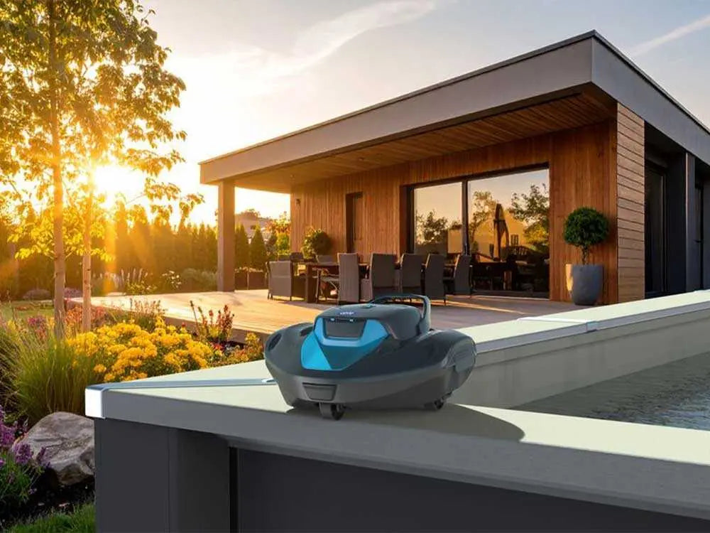 Robot de piscine à batterie GRE Moovo 90 sans fil avec autonomie 90 minutes, aspiration 5 m³/h, filtration 180 microns et nettoyage automatique du fond pour piscines jusqu’à 80 m².