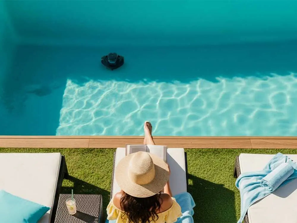 Robot de piscine à batterie GRE Moovo 90 sans fil avec autonomie 90 minutes, aspiration 5 m³/h, filtration 180 microns et nettoyage automatique du fond pour piscines jusqu’à 80 m².