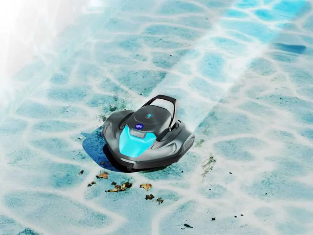 Robot de piscine à batterie GRE Moovo 90 sans fil avec autonomie 90 minutes, aspiration 5 m³/h, filtration 180 microns et nettoyage automatique du fond pour piscines jusqu’à 80 m².