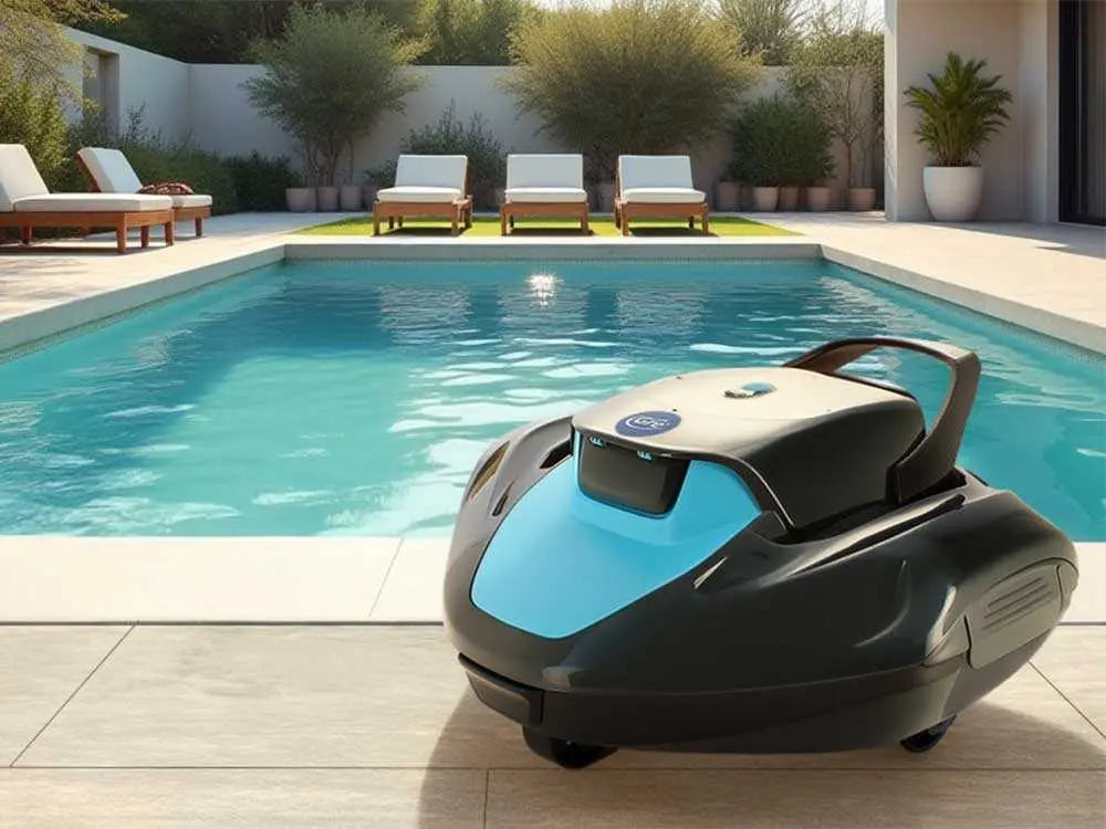 Robot de piscine à batterie GRE Moovo 90 sans fil avec autonomie 90 minutes, aspiration 5 m³/h, filtration 180 microns et nettoyage automatique du fond pour piscines jusqu’à 80 m².