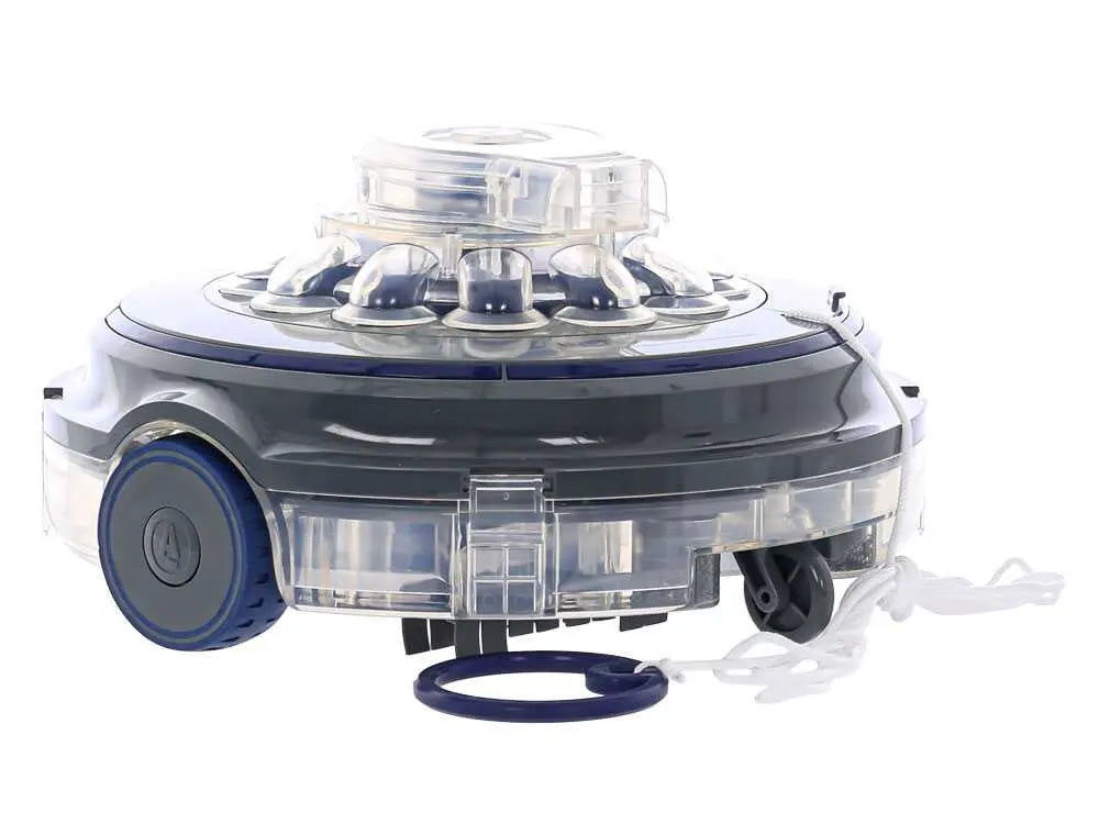 Robot de piscine à batterie GRE Wet Runner Plus sans fil avec nettoyage automatique du fond, batterie rechargeable et fonctionnement autonome pour piscines hors-sol et enterrées.