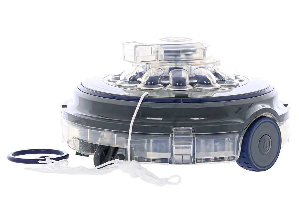 Robot de piscine à batterie GRE Wet Runner Plus sans fil avec nettoyage automatique du fond, batterie rechargeable et fonctionnement autonome pour piscines hors-sol et enterrées.
