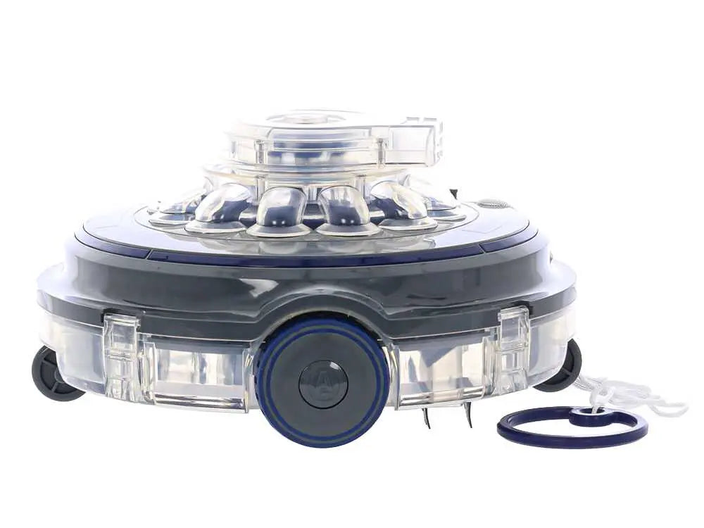 Robot de piscine à batterie GRE Wet Runner Plus sans fil avec nettoyage automatique du fond, batterie rechargeable et fonctionnement autonome pour piscines hors-sol et enterrées.