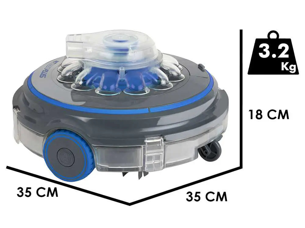 Robot de piscine à batterie GRE Wet Runner Plus sans fil avec nettoyage automatique du fond, batterie rechargeable et fonctionnement autonome pour piscines hors-sol et enterrées.