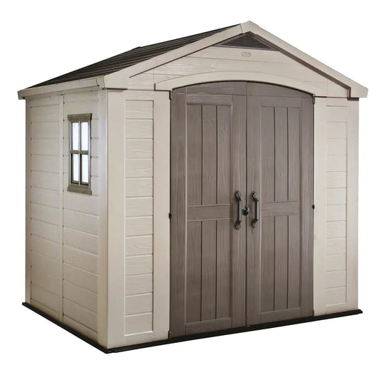 Abri de jardin Keter Factor beige 256,5x182x243 cm en résine robuste avec fenêtre, ventilation et plancher. Spacieux, sans entretien et résistant aux intempéries, idéal pour stocker outils et mobilier de jardin.