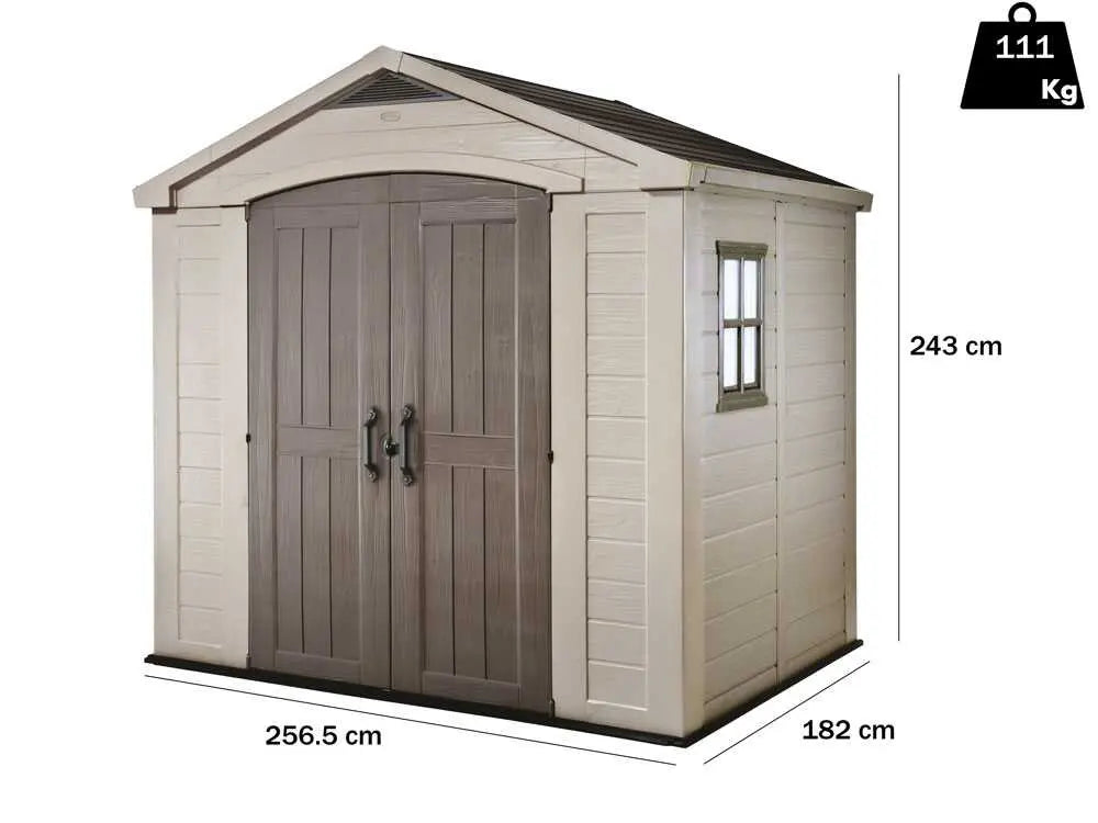 Abri de jardin Keter Factor beige 256,5x182x243 cm en résine robuste avec fenêtre, ventilation et plancher. Spacieux, sans entretien et résistant aux intempéries, idéal pour stocker outils et mobilier de jardin.