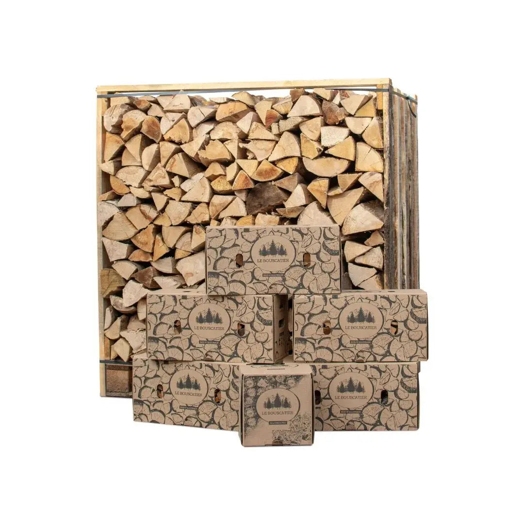 Box 1,5 stère 30 cm bois de chauffage sec + 5 cartons d’allume-bois + 1 carton 2 kg d’allume-feu