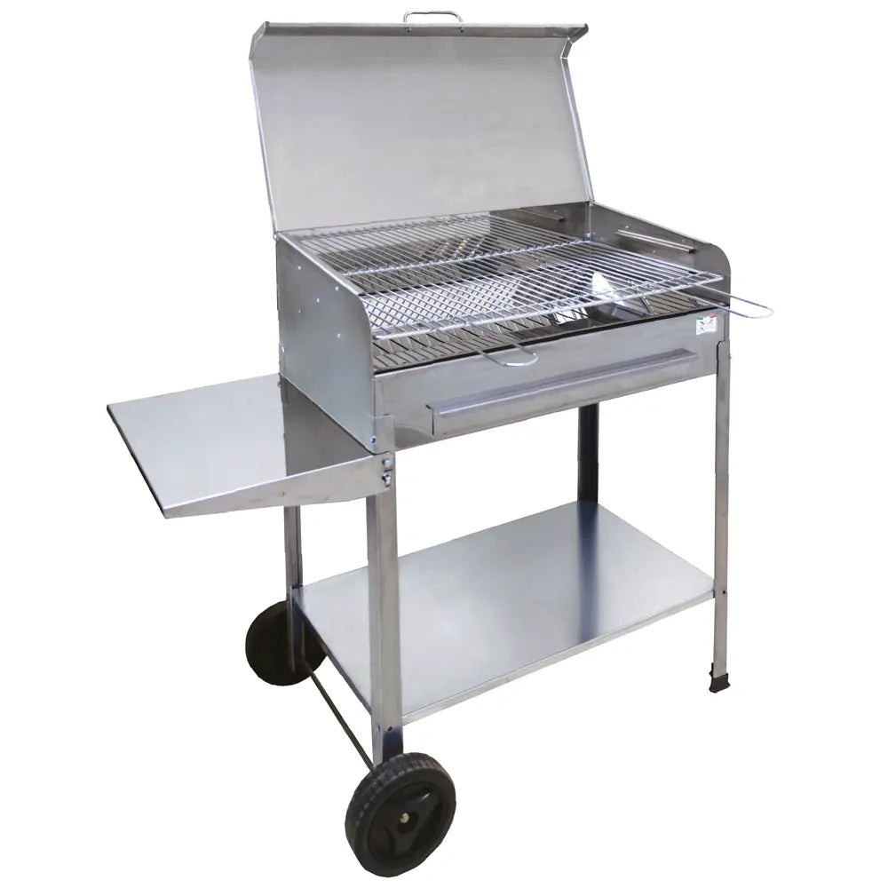 Barbecue à charbon Achille INOX 60x40x90 avec couvercle, grille réglable et structure en acier inoxydable. Compact, robuste et idéal pour grillades en famille jusqu’à 8 personnes.