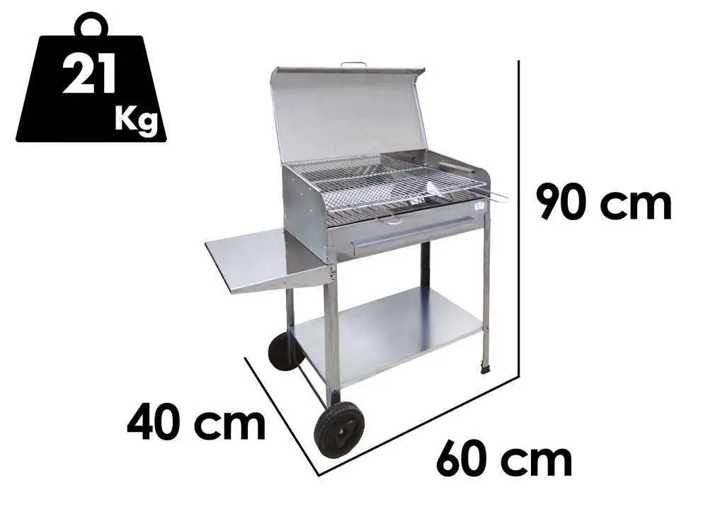 Barbecue à charbon Achille INOX 60x40x90 avec couvercle, grille réglable et structure en acier inoxydable. Compact, robuste et idéal pour grillades en famille jusqu’à 8 personnes.