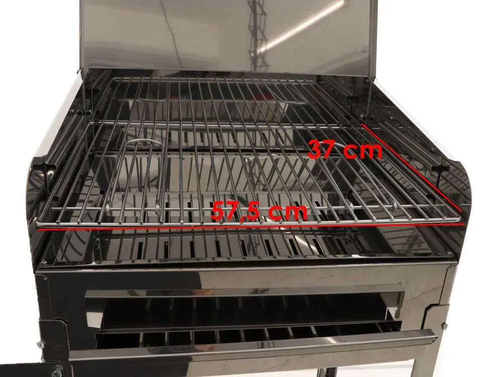 Barbecue à charbon Achille INOX 60x40x90 avec couvercle, grille réglable et structure en acier inoxydable. Compact, robuste et idéal pour grillades en famille jusqu’à 8 personnes.