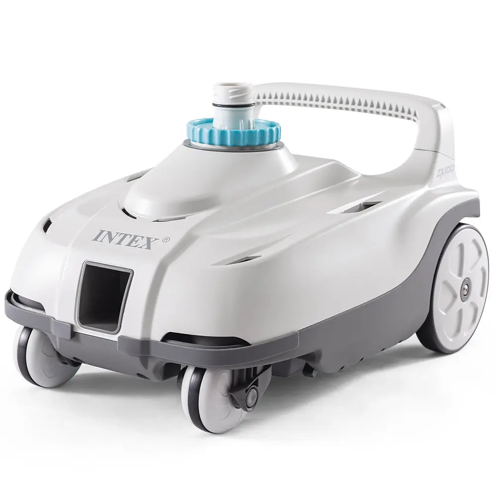 Robot nettoyeur hydraulique Intex ZX100 28006EX pour piscine hors-sol avec nettoyage automatique du fond, double brosse rotative, filtration fine 0,15 mm et fonctionnement sans électricité.