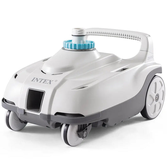 Robot nettoyeur hydraulique Intex ZX100 28006EX pour piscine hors-sol avec nettoyage automatique du fond, double brosse rotative, filtration fine 0,15 mm et fonctionnement sans électricité.