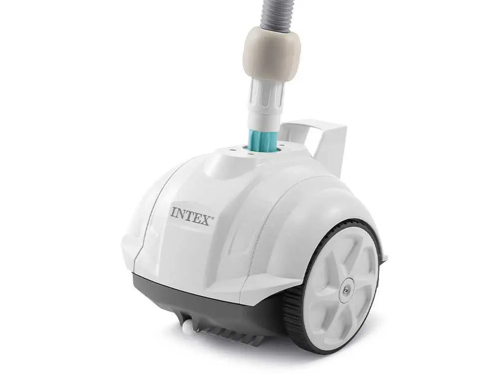 Robot nettoyeur hydraulique Intex ZX50 28007EX pour petites piscines hors-sol avec nettoyage automatique du fond, brosses rotatives, filtration fine 0,30 mm et fonctionnement sans électricité.