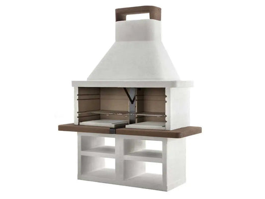 Barbecue à charbon et bois Palazzetti Argos avec double grille réglable, structure en ciment réfractaire, surface de cuisson 5040 cm² et hotte intégrée. Idéal pour jusqu’à 22 personnes.