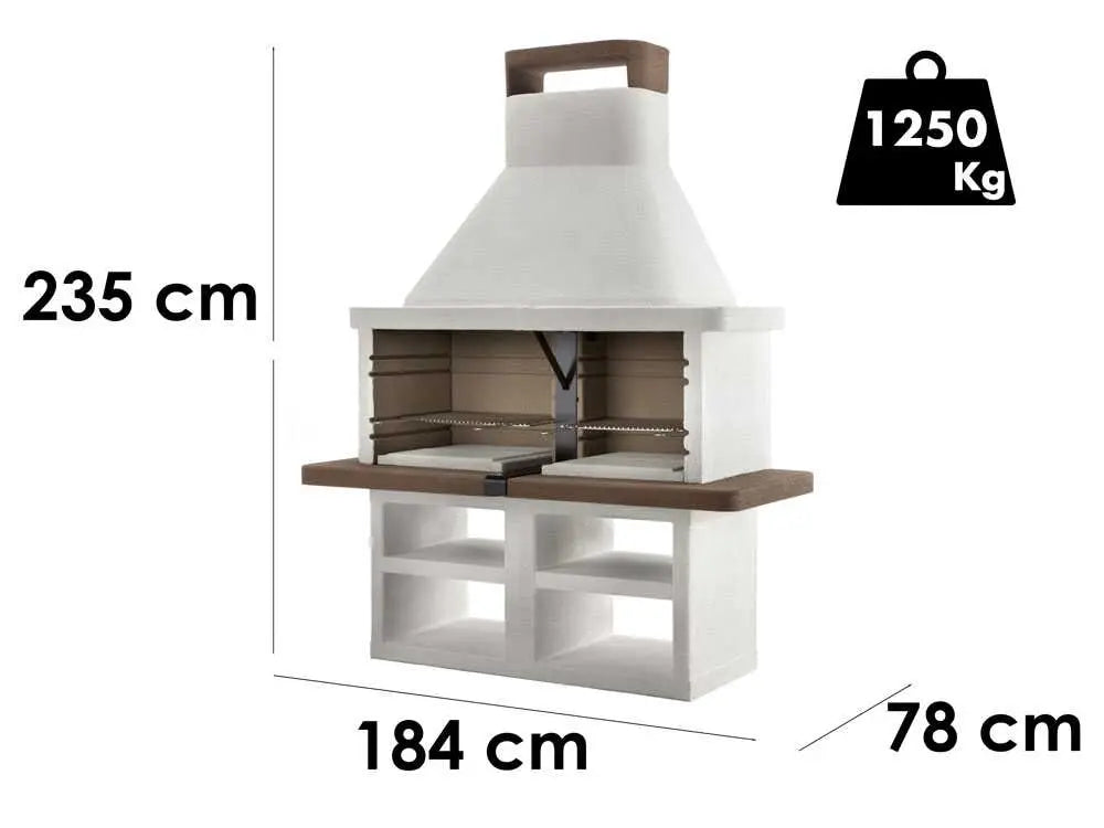 Barbecue à charbon et bois Palazzetti Argos avec double grille réglable, structure en ciment réfractaire, surface de cuisson 5040 cm² et hotte intégrée. Idéal pour jusqu’à 22 personnes.