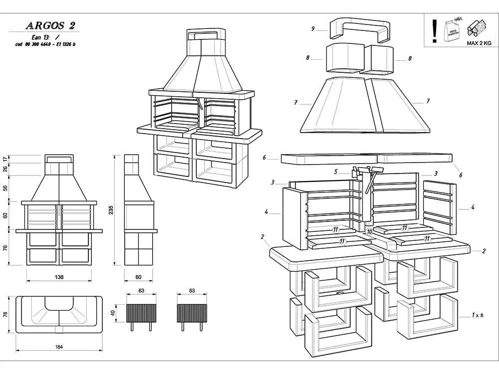 Barbecue à charbon et bois Palazzetti Argos avec double grille réglable, structure en ciment réfractaire, surface de cuisson 5040 cm² et hotte intégrée. Idéal pour jusqu’à 22 personnes.