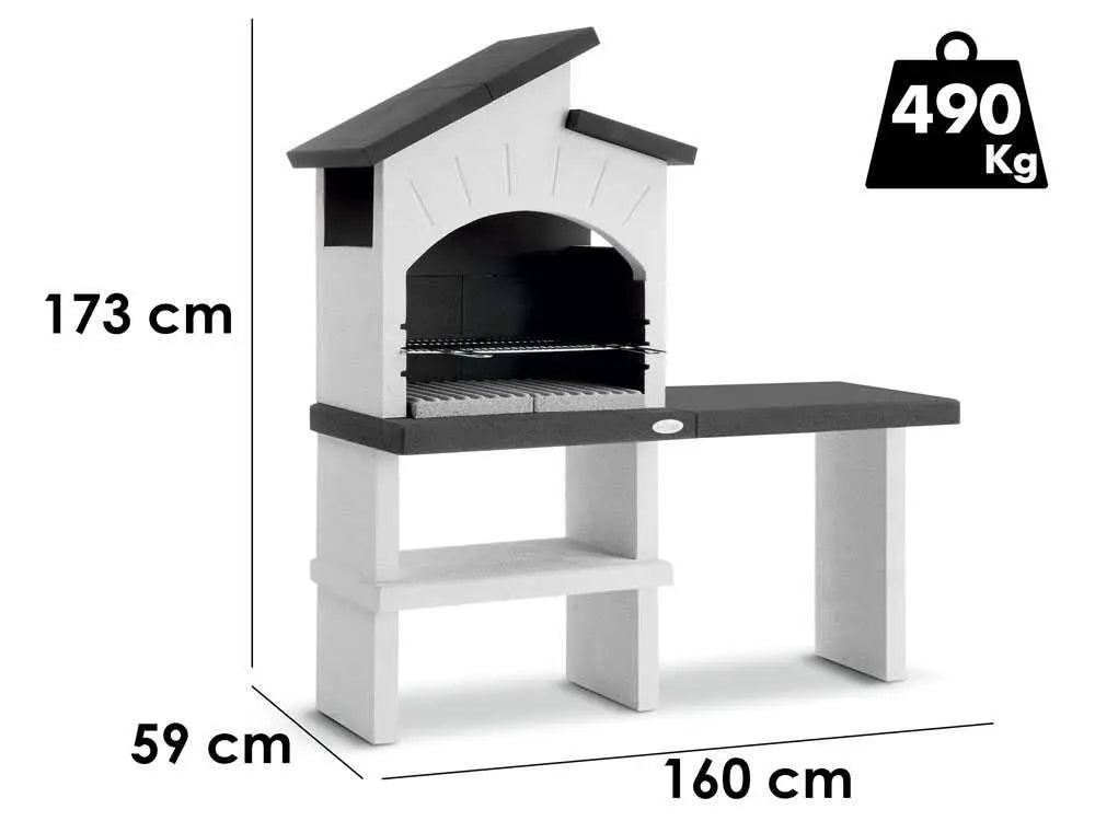 Barbecue à bois et charbon Palazzetti Ravello en ciment réfractaire avec grille réglable 68 x 40 cm, espaces de rangement et finitions Marmotech. Idéal pour 10 à 14 personnes.