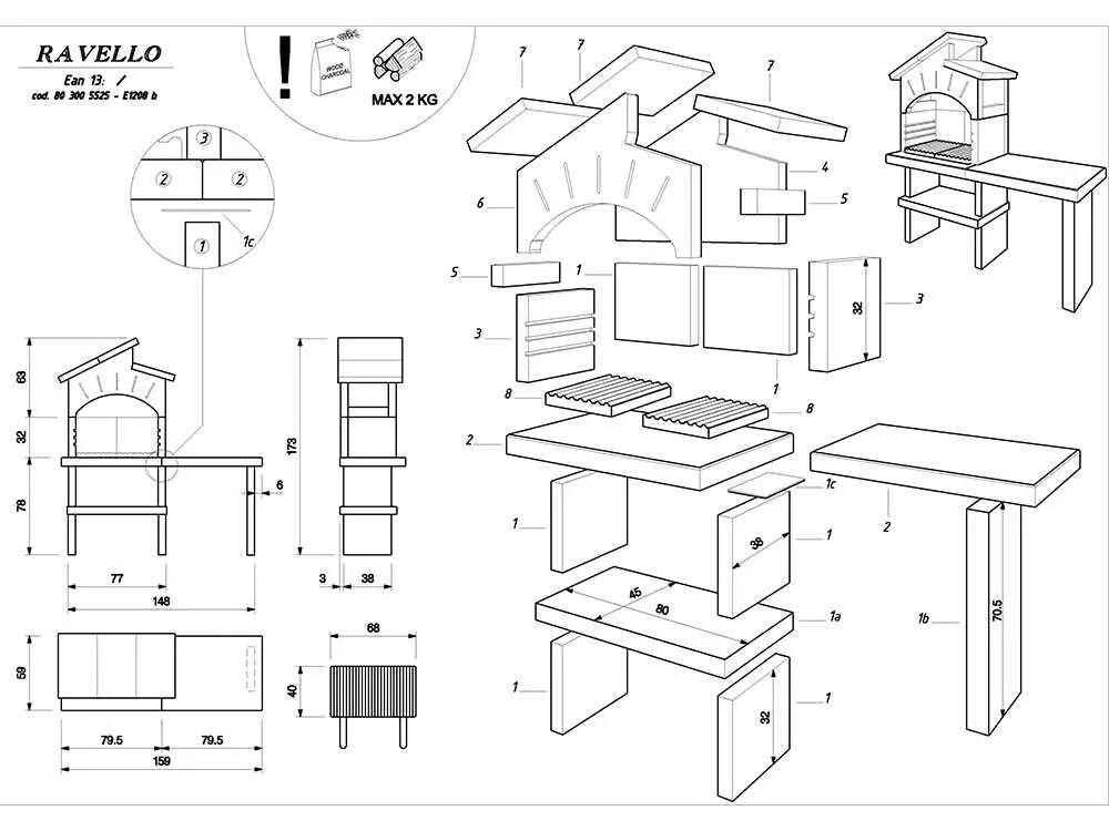 Barbecue à bois et charbon Palazzetti Ravello en ciment réfractaire avec grille réglable 68 x 40 cm, espaces de rangement et finitions Marmotech. Idéal pour 10 à 14 personnes.