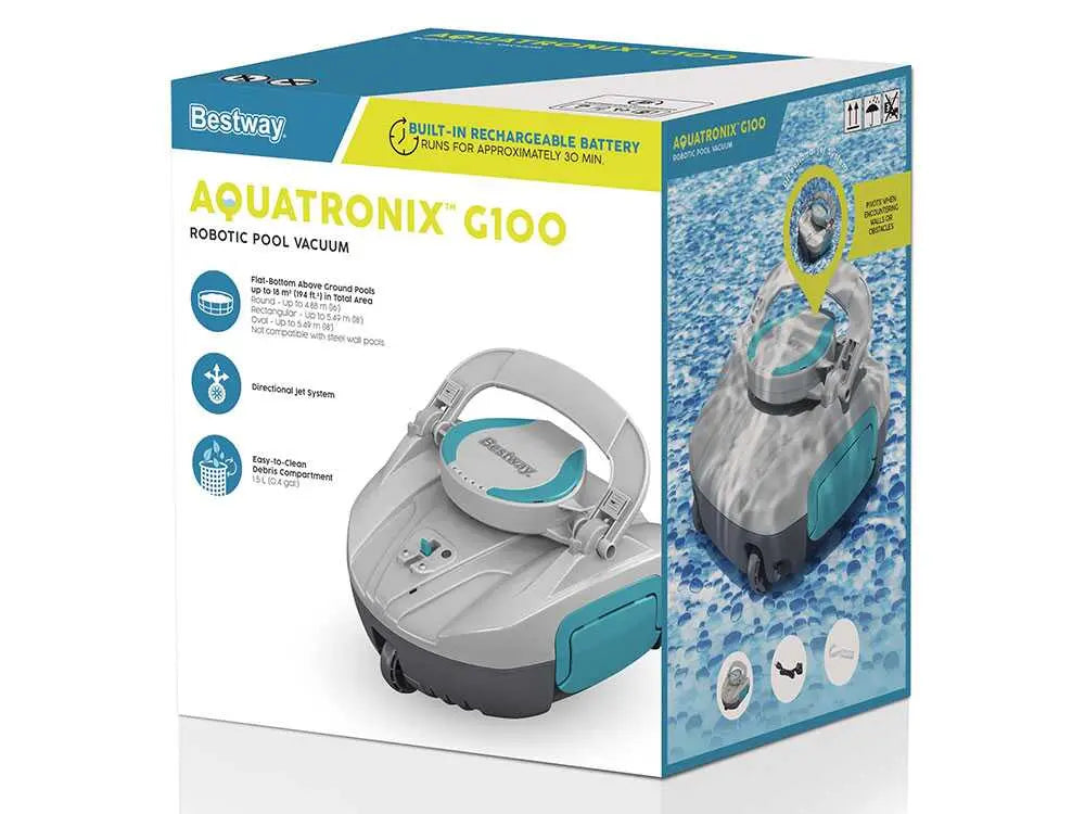 Robot aspirateur rechargeable Bestway Aquatronix G100 sans fil pour piscine hors-sol avec nettoyage automatique du fond, batterie rechargeable et fonctionnement autonome simple et efficace.