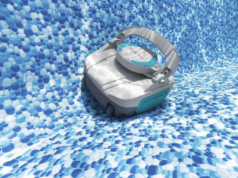 Robot aspirateur rechargeable Bestway Aquatronix G100 sans fil pour piscine hors-sol avec nettoyage automatique du fond, batterie rechargeable et fonctionnement autonome simple et efficace.