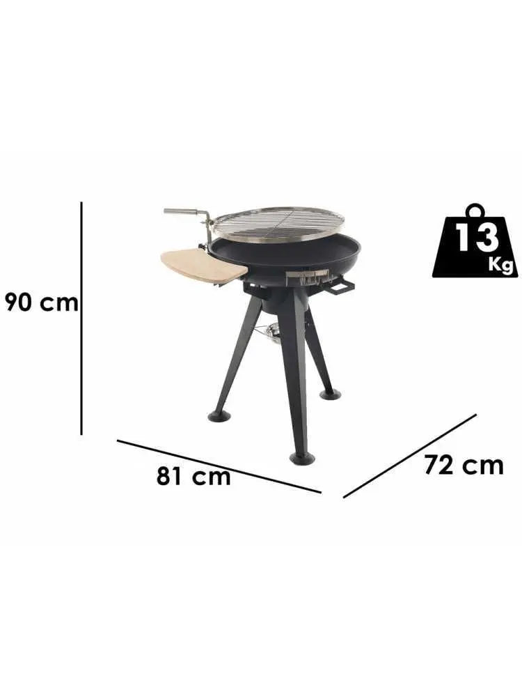 Barbecue à charbon BBQ3 avec grille pivotante réglable en hauteur, surface de cuisson 2375 cm², tablette rétractable et structure légère. Idéal pour 9 à 11 personnes.