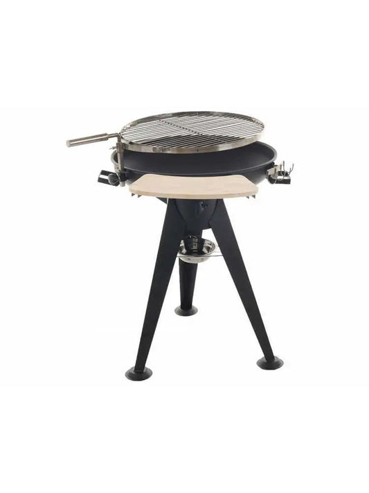 Barbecue à charbon BBQ3 avec grille pivotante réglable en hauteur, surface de cuisson 2375 cm², tablette rétractable et structure légère. Idéal pour 9 à 11 personnes.