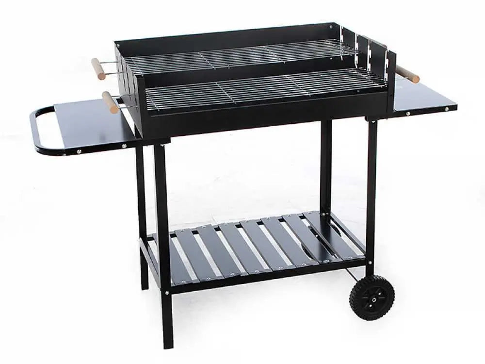 Barbecue à charbon RoyalFood CB 280X avec double grille inox réglable, grande surface de cuisson 3285 cm², tablettes latérales et 4 niveaux de cuisson. Idéal pour 12 à 15 personnes.