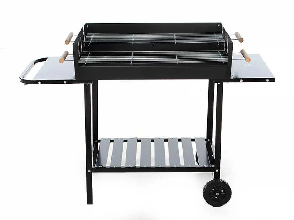 Barbecue à charbon RoyalFood CB 280X avec double grille inox réglable, grande surface de cuisson 3285 cm², tablettes latérales et 4 niveaux de cuisson. Idéal pour 12 à 15 personnes.