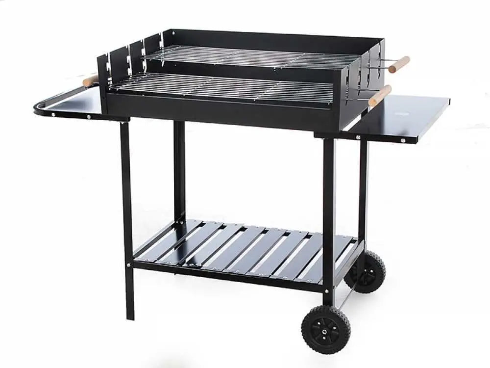 Barbecue à charbon RoyalFood CB 280X avec double grille inox réglable, grande surface de cuisson 3285 cm², tablettes latérales et 4 niveaux de cuisson. Idéal pour 12 à 15 personnes.
