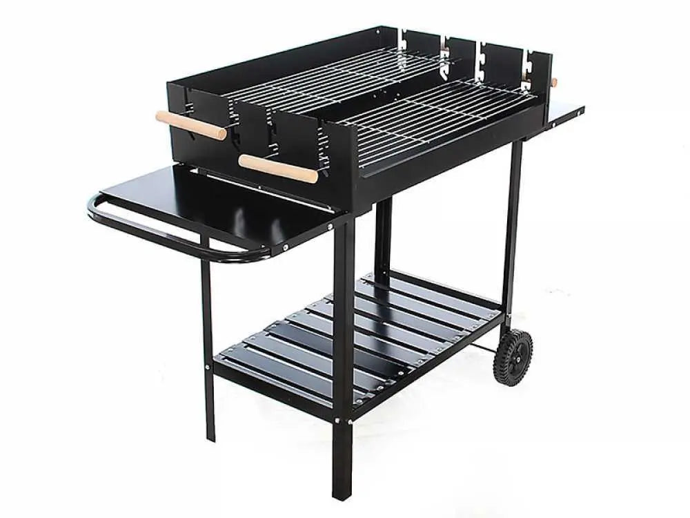 Barbecue à charbon RoyalFood CB 280X avec double grille inox réglable, grande surface de cuisson 3285 cm², tablettes latérales et 4 niveaux de cuisson. Idéal pour 12 à 15 personnes.