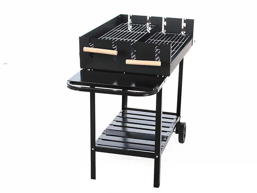 Barbecue à charbon RoyalFood CB 280X avec double grille inox réglable, grande surface de cuisson 3285 cm², tablettes latérales et 4 niveaux de cuisson. Idéal pour 12 à 15 personnes.