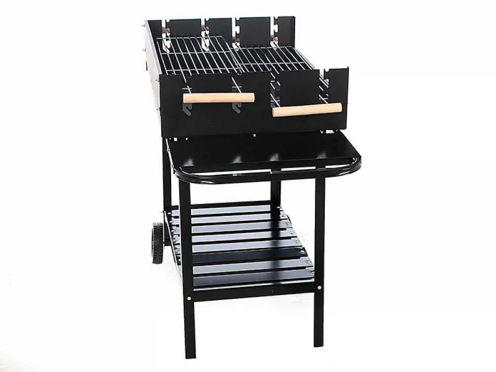 Barbecue à charbon RoyalFood CB 280X avec double grille inox réglable, grande surface de cuisson 3285 cm², tablettes latérales et 4 niveaux de cuisson. Idéal pour 12 à 15 personnes.