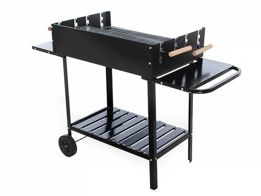 Barbecue à charbon RoyalFood CB 280X avec double grille inox réglable, grande surface de cuisson 3285 cm², tablettes latérales et 4 niveaux de cuisson. Idéal pour 12 à 15 personnes.