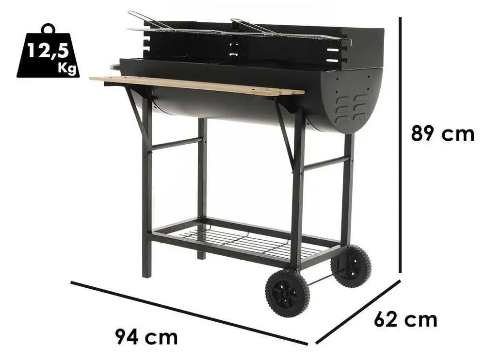 Barbecue à charbon CB 300 X avec doubles grilles en acier inoxydable réglables sur 3 hauteurs, surface de cuisson 2886 cm², tablette frontale et roues de transport. Idéal pour 12 à 15 personnes.