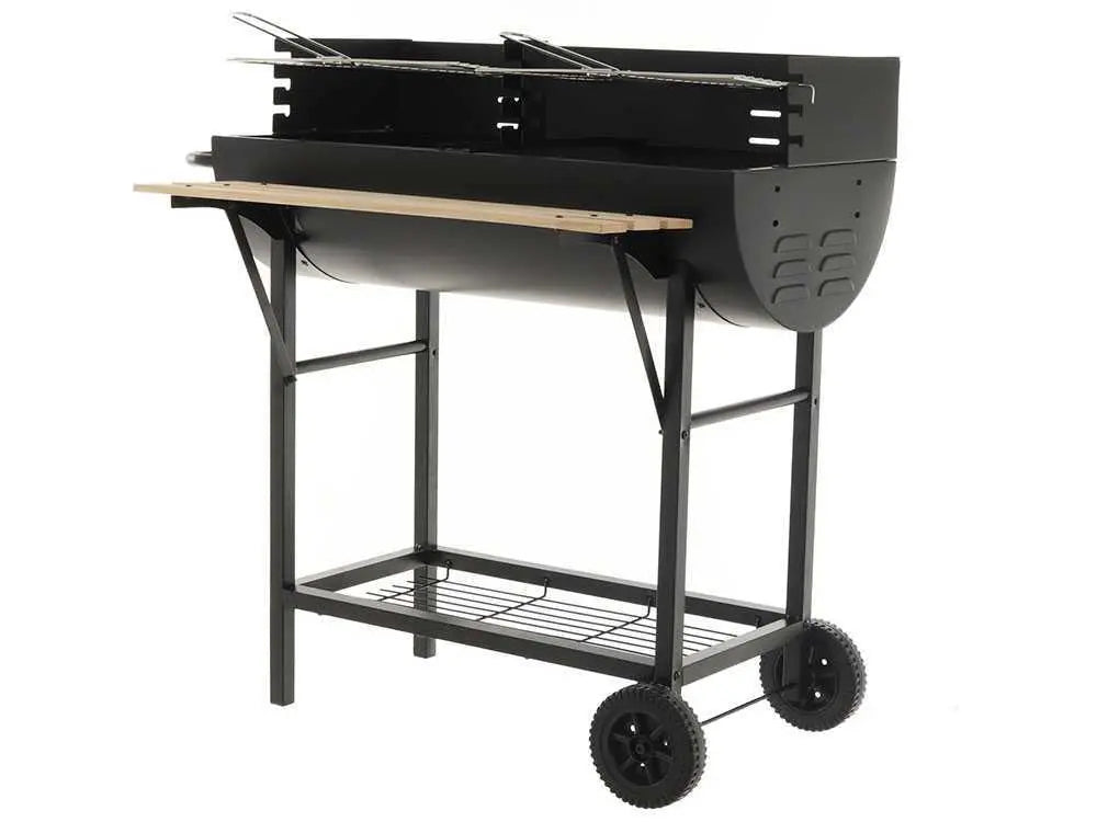 Barbecue à charbon CB 300 X avec doubles grilles en acier inoxydable réglables sur 3 hauteurs, surface de cuisson 2886 cm², tablette frontale et roues de transport. Idéal pour 12 à 15 personnes.
