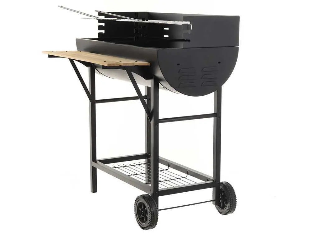 Barbecue à charbon CB 300 X avec doubles grilles en acier inoxydable réglables sur 3 hauteurs, surface de cuisson 2886 cm², tablette frontale et roues de transport. Idéal pour 12 à 15 personnes.