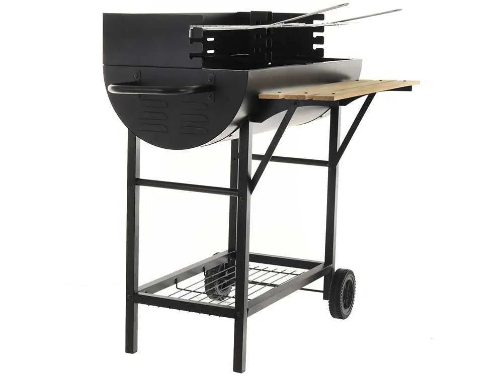 Barbecue à charbon CB 300 X avec doubles grilles en acier inoxydable réglables sur 3 hauteurs, surface de cuisson 2886 cm², tablette frontale et roues de transport. Idéal pour 12 à 15 personnes.